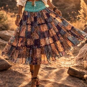 Vtg Y2K Bohemian Gypsy Patchwork Paisley Design Sheer Lace Midi Pull-on Skirt